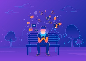 young man sitting in the street and texting messages using smartphone. gradient line vector illustration of social networking, reading news, sending email and texting friends. internet addicted teens