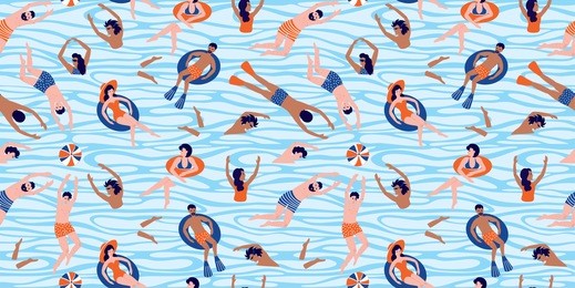 seamless pattern with people swimming and rests in the sea. vector summer illustration with swimmers