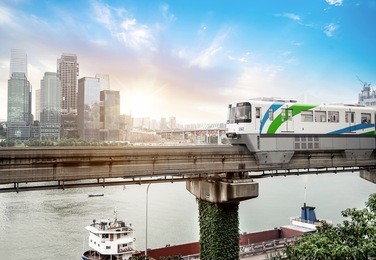 light rail moving on railway in chongqing