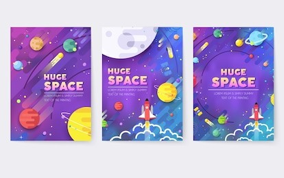 huge universe  vector brochure cards. outline outer space rocket template of flyear, magazines, posters, book cover, banners. colorful thin line set.  background. layout icons stars in galaxy page.