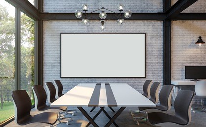 loft style meeting room 3d rendering image.there are white brick wall,polished concrete floor and black steel structure.there are large windows look out to see the nature