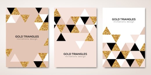banners set with gold geometric patterns. vector illustration. flyer design layout templates for wedding cards, business brochure design, certificates. golden triangles decor