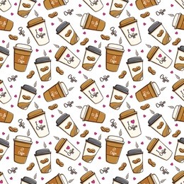 cute seamless pattern of coffee cups with decoration on white background