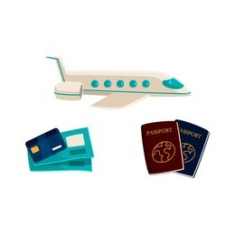 travel, vacation symbols, attributes - air plane, credit cards, tickets, passports, cartoon vector illustration isolated on white background. vacation objects - plane, passports, credit card, tickets