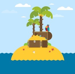 open treasure chest and pirates stuff on a desert island flat design