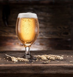 frosted glass of beer on the wooden table.