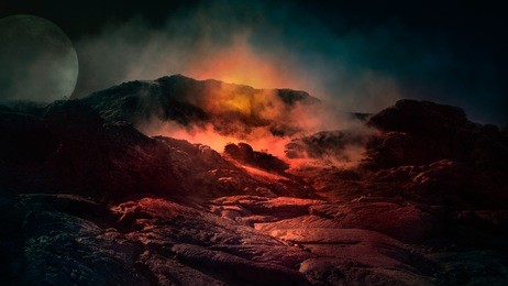 fantasy close up scene of active volcano with fire, ice and smoke on the top. iceland, europe.