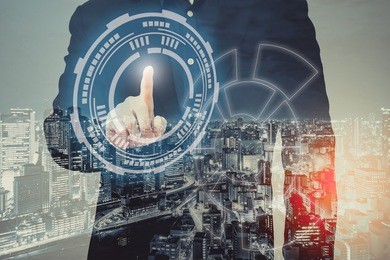businessman touch on future technology virtual screen