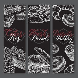 set of three bakery label templates with hand lettering. includes cakes, pie, bread, croissant, muffin, doughnut on black background. great for market, restaurant, cafe, food label design.