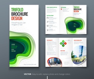 business tri fold brochure design. green eco nature corporate business template for tri fold flyer. layout with modern paper cut abstract background. creative concept folded flyer or brochure.