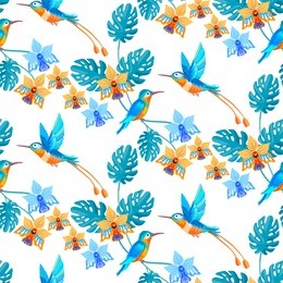 hummingbird and tropical paradise flowers and palm leaves seamless pattern background.