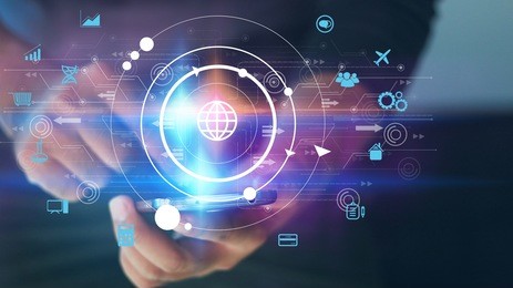 hand touch screen smart phone, icons interface on screen, social media, connect to the future concept.