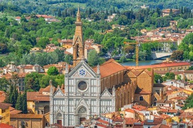 above view of basilica of santa croce (basilica di santa croce di firenze) on  holy cross square (piazza di santa croce) in  florence. italy.