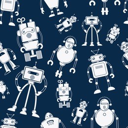 white robot seamless pattern on dark blue background. illustration