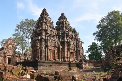 banteay srei temple khmer architecture in siem reap .banteay srei is one of the most popular ancient temples in siem reap, banteay srei, known for its beautiful carvings on red sandstone cambodia