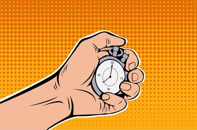 male hand holding stopwatch. time management. pop art vector retro illustration
