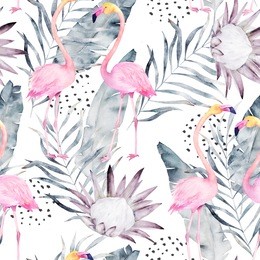 abstract tropical pattern with flamingo, protea, leaves. watercolor seamless print. minimalism illustration