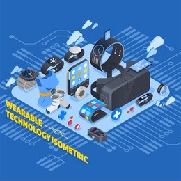 wearable technology isometric design with smart clothing, virtual reality glasses, watches, smartphone on blue background vector illustration