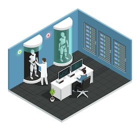 colored realistic artificial intelligence isometric composition with scientific laboratory with a scientist vector illustration