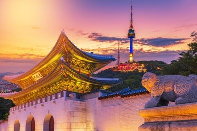 landmark of korea with covered gyeongbokgung n seoul tower , south korea