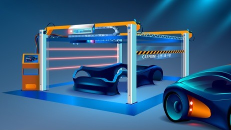 3d prototyping and 3d printing of a car, automobiles at a large industrial 3d printer. automobile manufacturing.