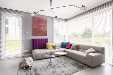 bright modern living room with comfortable corner couch, artwork, coffee table, window blinds and rug