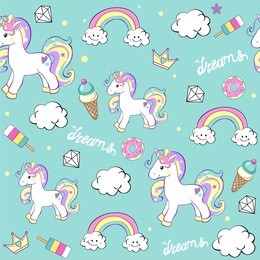 beautiful unicorns with diamond ice cream, and clouds seamless pattern on a blue background