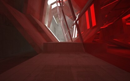 empty dark abstract concrete room interior with red glass. architectural background. night view of the illuminated. 3d illustration and rendering