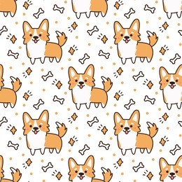 cute pattern with dog breed welsh corgi on a white background with hearts, stars,bones. it can be used for packaging, wrapping paper, textile and etc.