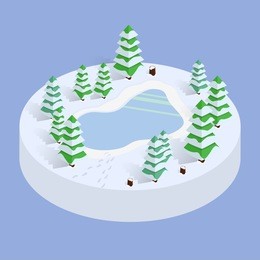 isometric winter landscape with lake and low poly christmas trees. vector flat 3d design or infographic element. winter forest illustration eps10.
