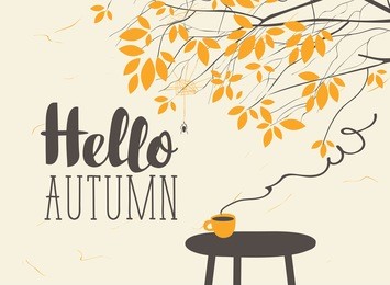 vector landscape in retro style on the autumn theme with the inscription hello autumn, with a cup of hot drink on the table and autumn tree