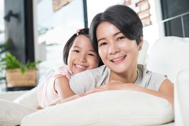 young asian mother and daughter at home.