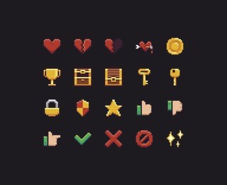 collection of different pixel art game ui icons