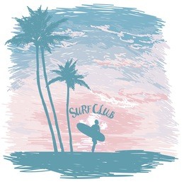 silhouette of the man with a surfboard at tropical sunrise or tender sunset, promo banner for surf club, sketch style vector illustration