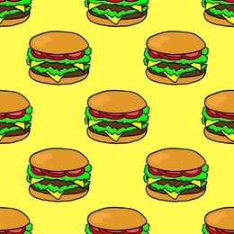 hand drawn burger. vector fast food. seamless pattern with doodle burger on yellow background.