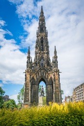sir walter scott monument in princes street gardens in edinburgh, scotland.