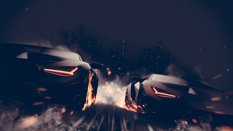 black matte sports cars racing in the city - street racer concept (with grunge overlay) generic and brandless - 3d illustration