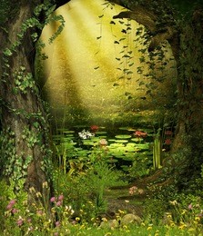 3d rendering of an enchanting fairy forest opening with a magical pond in the background.