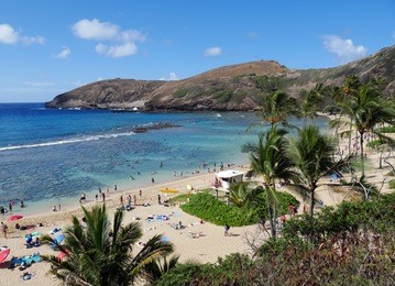 a gorgeous day with the blue pacific ocean and blue sky at hanauma bay on oahu, hawaii. 
