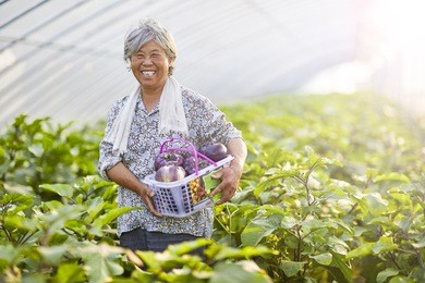 peasant woman holding green vegetables happy smile