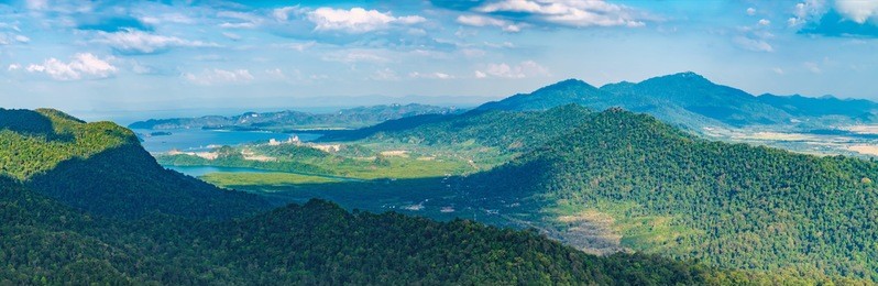 panoramic view of blue sky, sea and mountain seen from cable car viewpoint, langkawi, malaysia. picturesque landscape with beaches, small islands and tourist ships at waters of strait of malacca