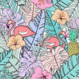 seamless pastel pattern with tropical leafs, flamingo birds , doodle vector 