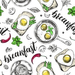 decorative seamless pattern with ink hand-drawn food and drinks - fried eggs in a frying pan, toast, coffee. breakfast elements texture. vector illustration.