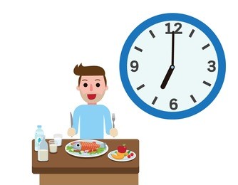happy young man with eating time.healthy foods for breakfast.meal of morning. people healthy lifestyle concept.vector flat style cartoon character design illustrationisolated on white background.