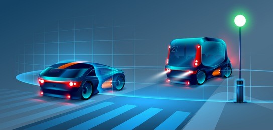 autonomous smart bus and car rides through the night city. smart bus scans the road and goes without a driver. smart bus recognize road signs, lane markings and pedestrians at the crosswalk. vector