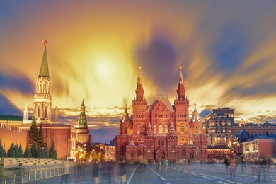 sunset view of the red square, moscow kremlin, lenin mausoleum, historical museum in russia. world famous moscow landmarks for tourism and travel