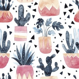 watercolor seamless pattern. background with cacti , succulents and monstera plant. cute plants in pots. hand drawn illustration.