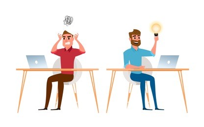 two businessman are different have idea and have no idea. angry, stress at work and positive businessmen. cartoon vector illustration.