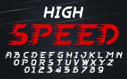 high speed faster movement set style technology and modern.decorative alphabet vector fonts and numbers.typography design for headlines, labels, posters, logos, cover, etc.