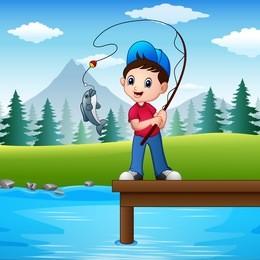 vector illustration of little boy fishing in the river